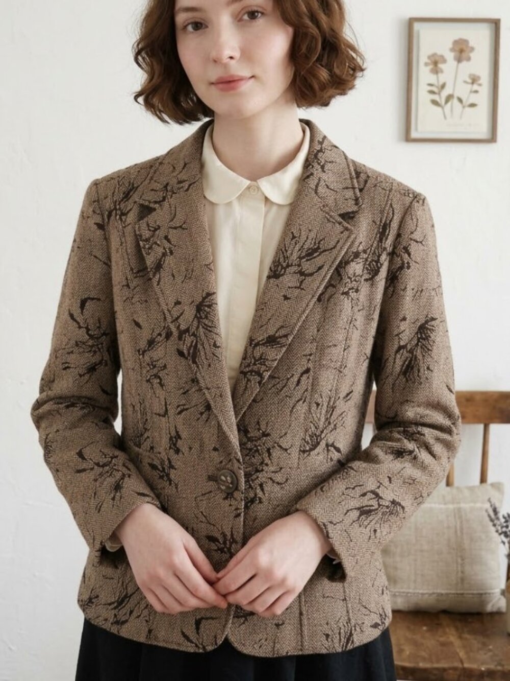 Coldwater Creek Blazer Jacket Brown Floral Twee Cottage 12